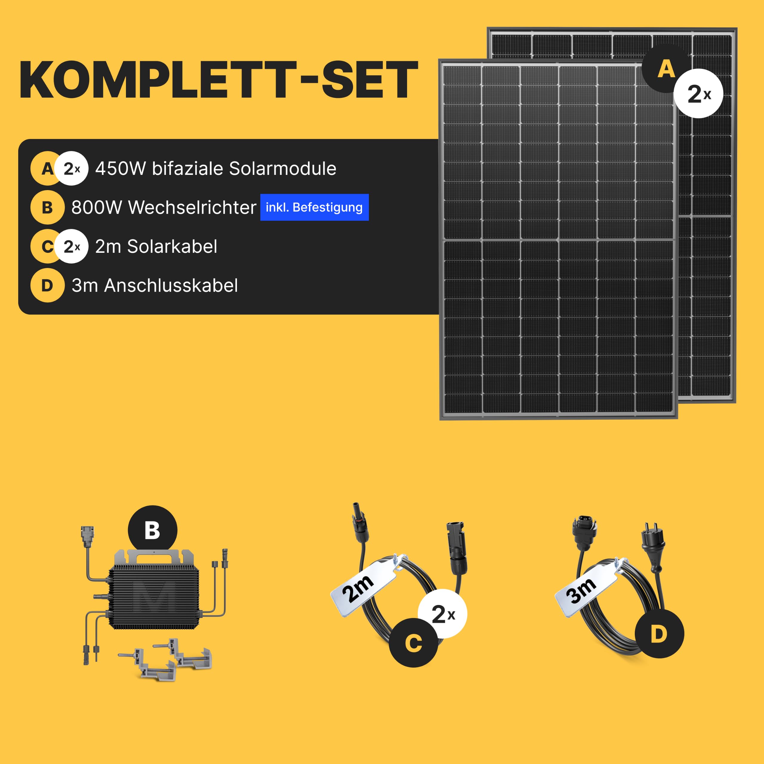 Solakon® 900W Balkonkraftwerk - Balkonkraftwerk 800W komplett Steckdose - neuester 800 Watt Wechselrichter - Solaranlage Komplettset - 450W bifaziale Solarmodule inkl. Zubehör - 3m Kabel 4