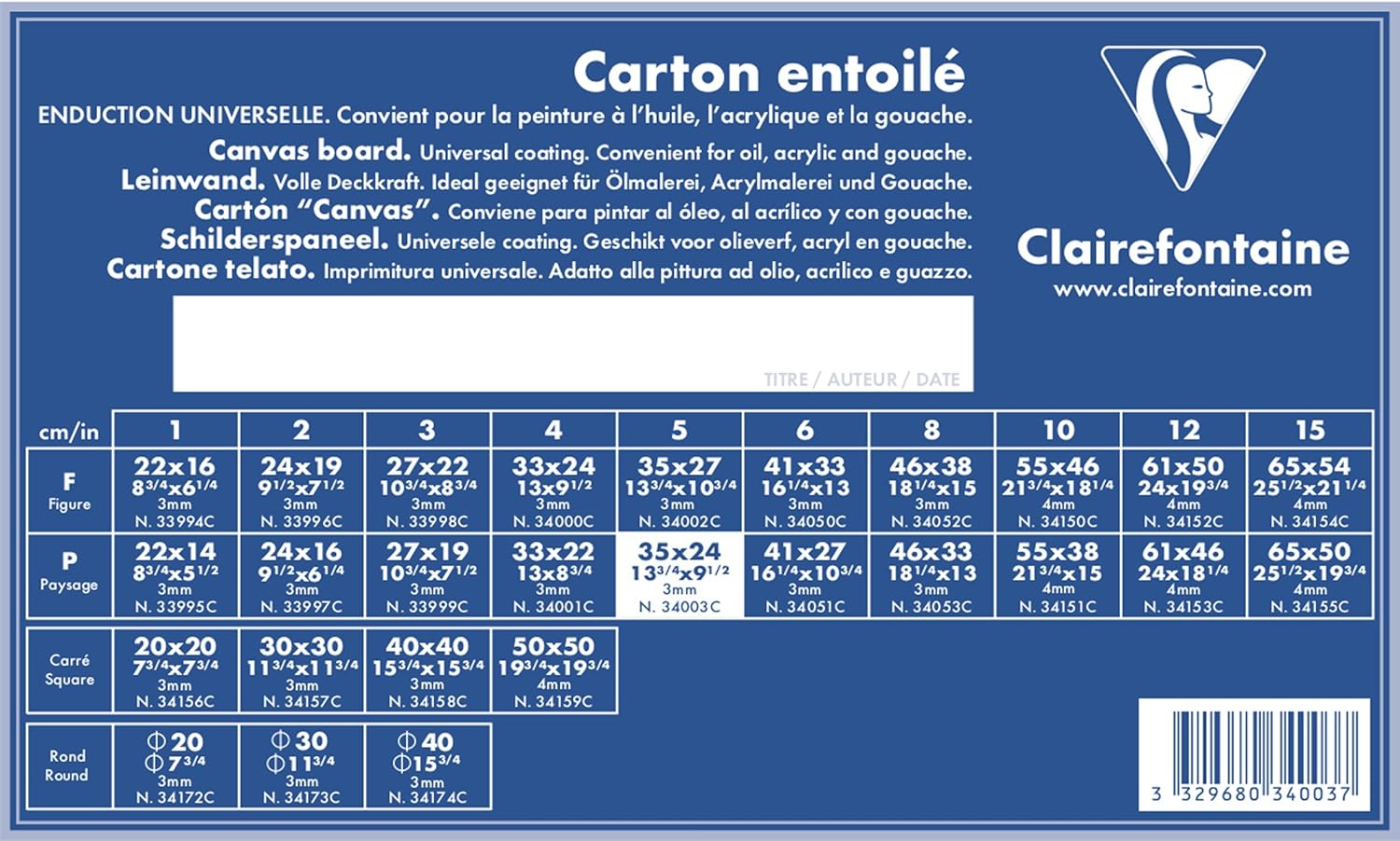 Clairefontaine, Ref 34003C, White Canvas Board (Landscape), 35 x 24cm, 3mm Thick, Made from 100% Cotton