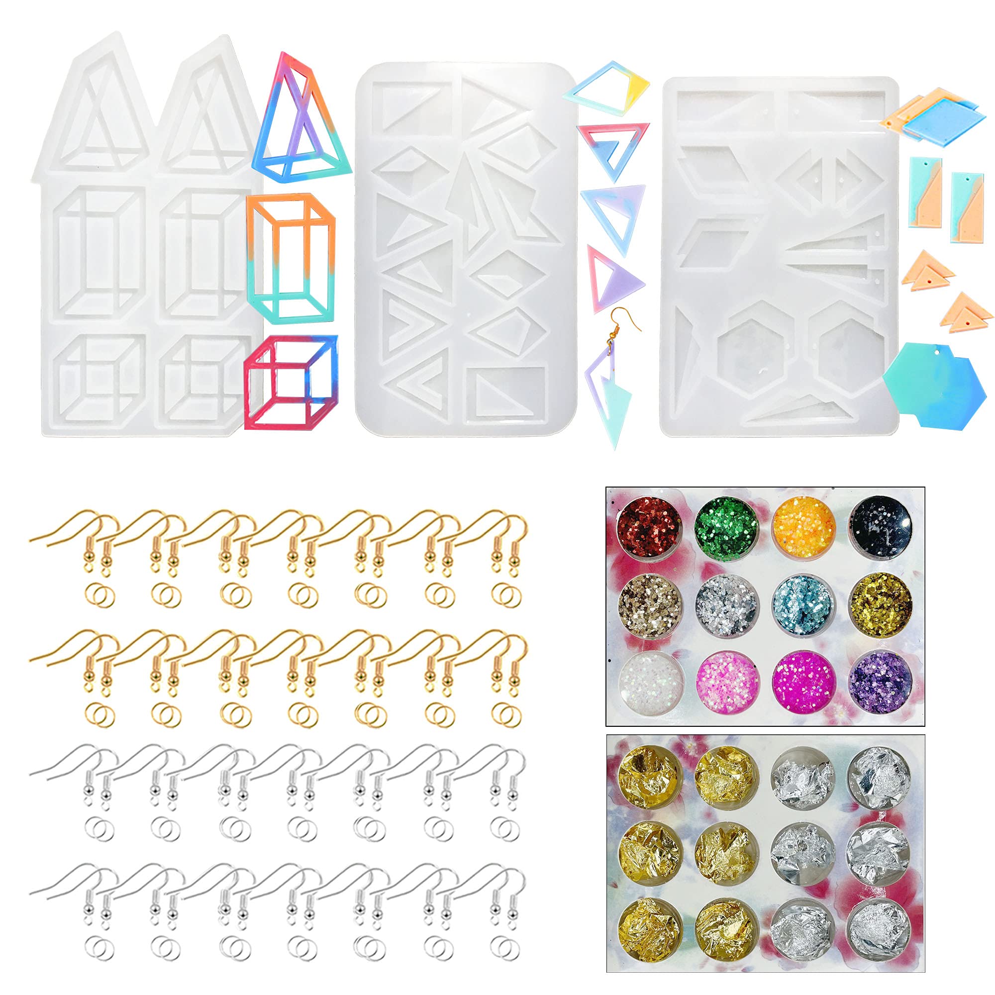 Cayway 7 PCS Earring Resin Moulds Kit - 3PCS Hollow Geometry Earring DIY Casting Mould Set, Ear Hooks, Glitter Gold Foil Flakes for Resin, Adults, Unfoldable — image 1