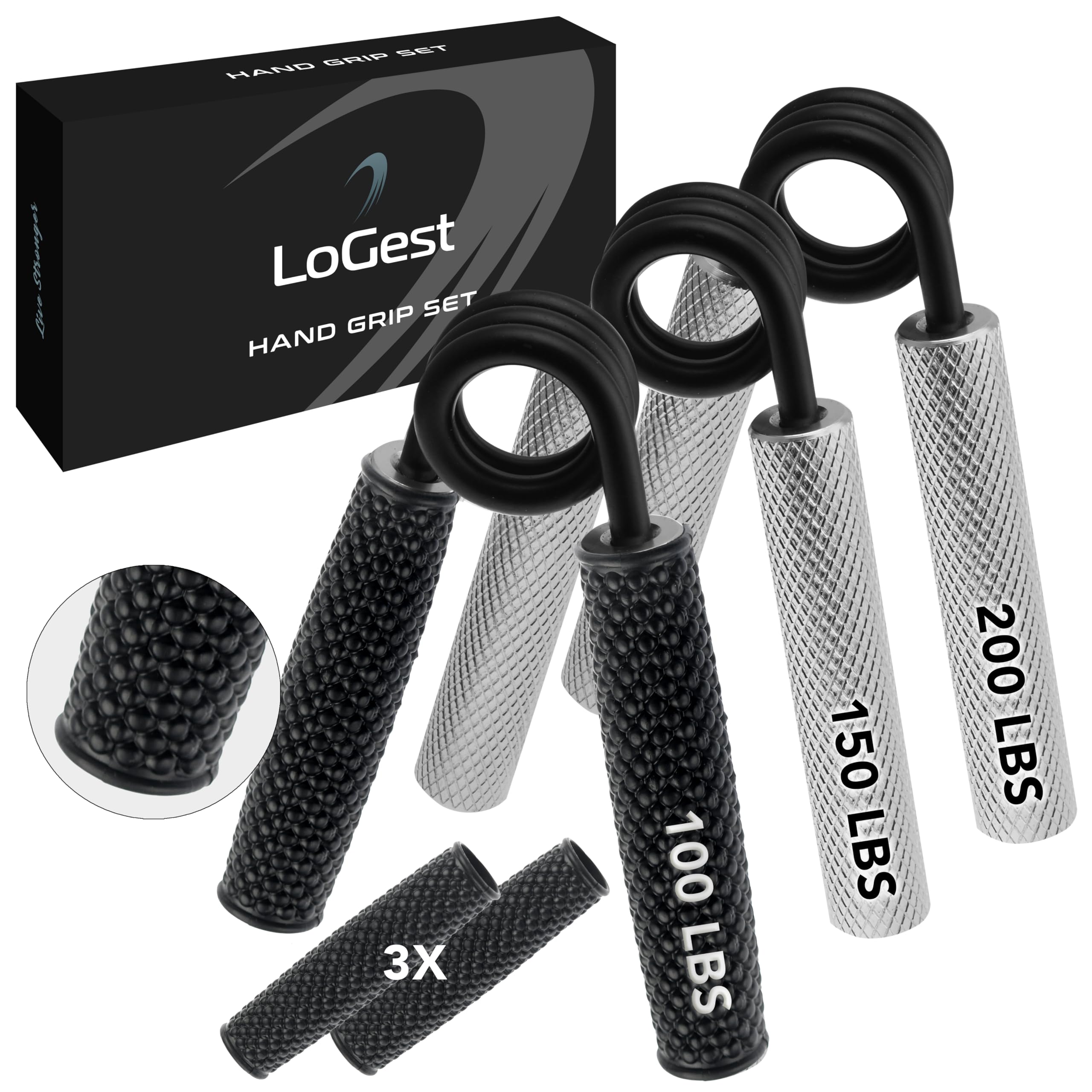 Logest Metal Hand Grip Set, 100LB-200LB 3 Pack No Slip Heavy-Duty Grip Strengthener with Gift Box, Great Wrist & Forearm Hand Exerciser, Home Gym, Hand Gripper Grip Strength Trainer