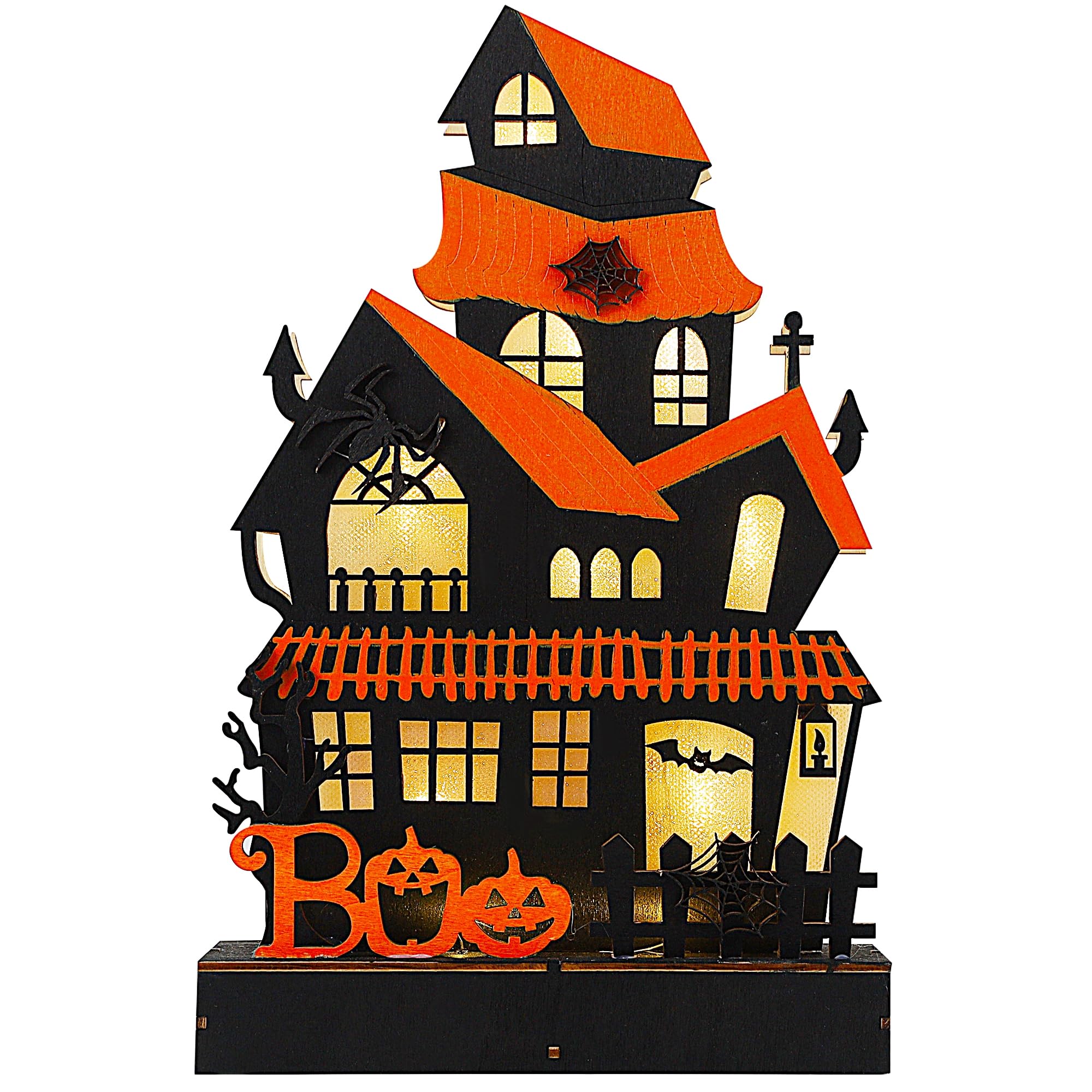 Photo 1 of Lulu Home Halloween Tabletop Decoration, Wooden Lighted Boo Haunted House Decoration, Battery Operated Halloween Sign Indoor Fireplace Desk Kitchen Table Ornament, 10.6 x 6.7 x 1.9 INCH