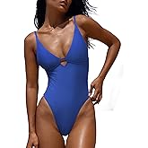LASLULU Women's Sexy One Piece Swimsuits V Neck Padded Bathing Suit Modest Front Cutout Open Back Slimming Swimsuit