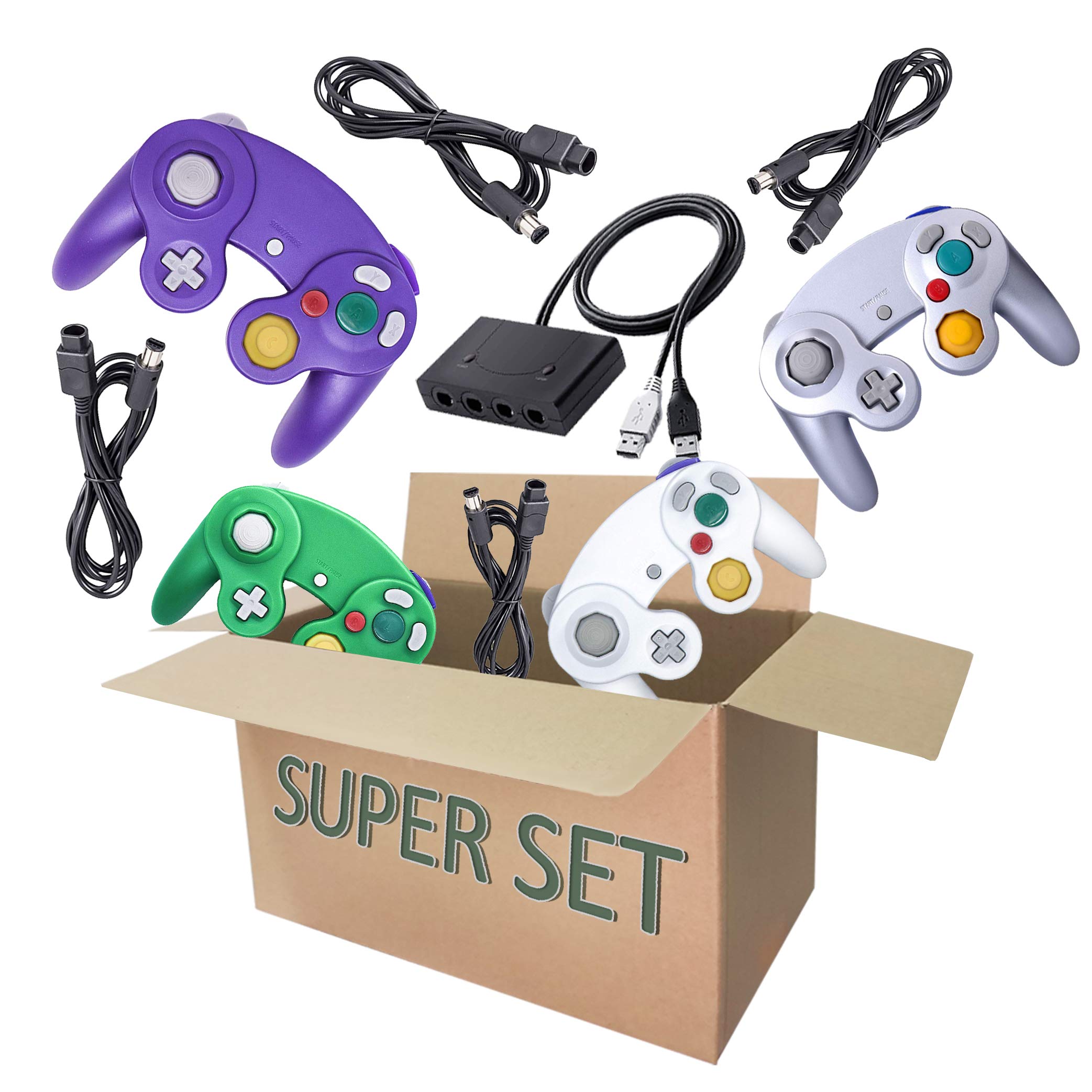 4 Pack Controller Set with 4 Gamepad, 4 Extension Cables and a 4-Port USB Adapter for PC and Nintendo Switch Console(YLBZ)