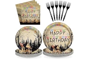 GREENCIAN 96Pcs Spooky Rustic Alphabet Decorations Retro Scary House Plates and Napkins Tableware Sets Retro Colorful Light Bulbs Party Decorations for Kids Birthday Stranger Party Supplies Serves 24