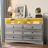 VVFLU Grey 6 Drawer Dresser for Bedroom with LED Lights and Charging Station, Wood 6 Chest Drawers, Large Storage for Clothes, for Living Room, Bedroom, Hallway, Taupe Grey