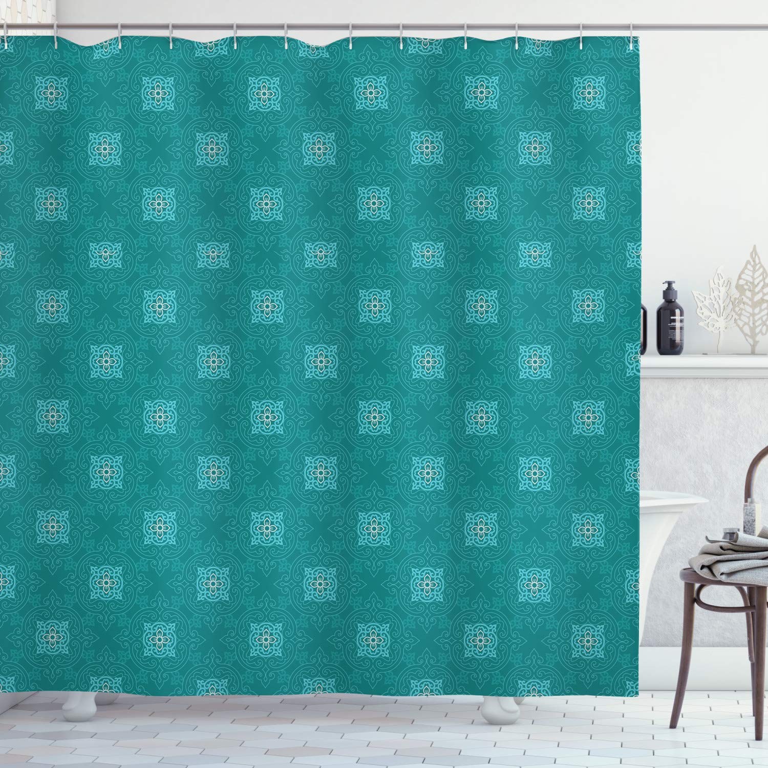 ABAKUHAUS Moroccan Shower Curtain, Timeless Motifs of the Orient with Geometric Composition Far East Asia, Cloth Fabric Bathroom Decor Set with Hooks, 86 Inches Extra Long, Teal Pale Blue White