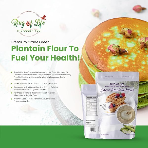 RING OF LIFE ALL NATURAL HEALING FOODS – UNRIPE GREEN PLANTAIN FLOUR – GLUTEN, NUT, GRAIN, DAIRY, & SOY FREE , SINGLE INGREDIENTS RESISTANCE STARCH ALL PURPOSE FLOUR 1.1 LB (17.35 OZ)