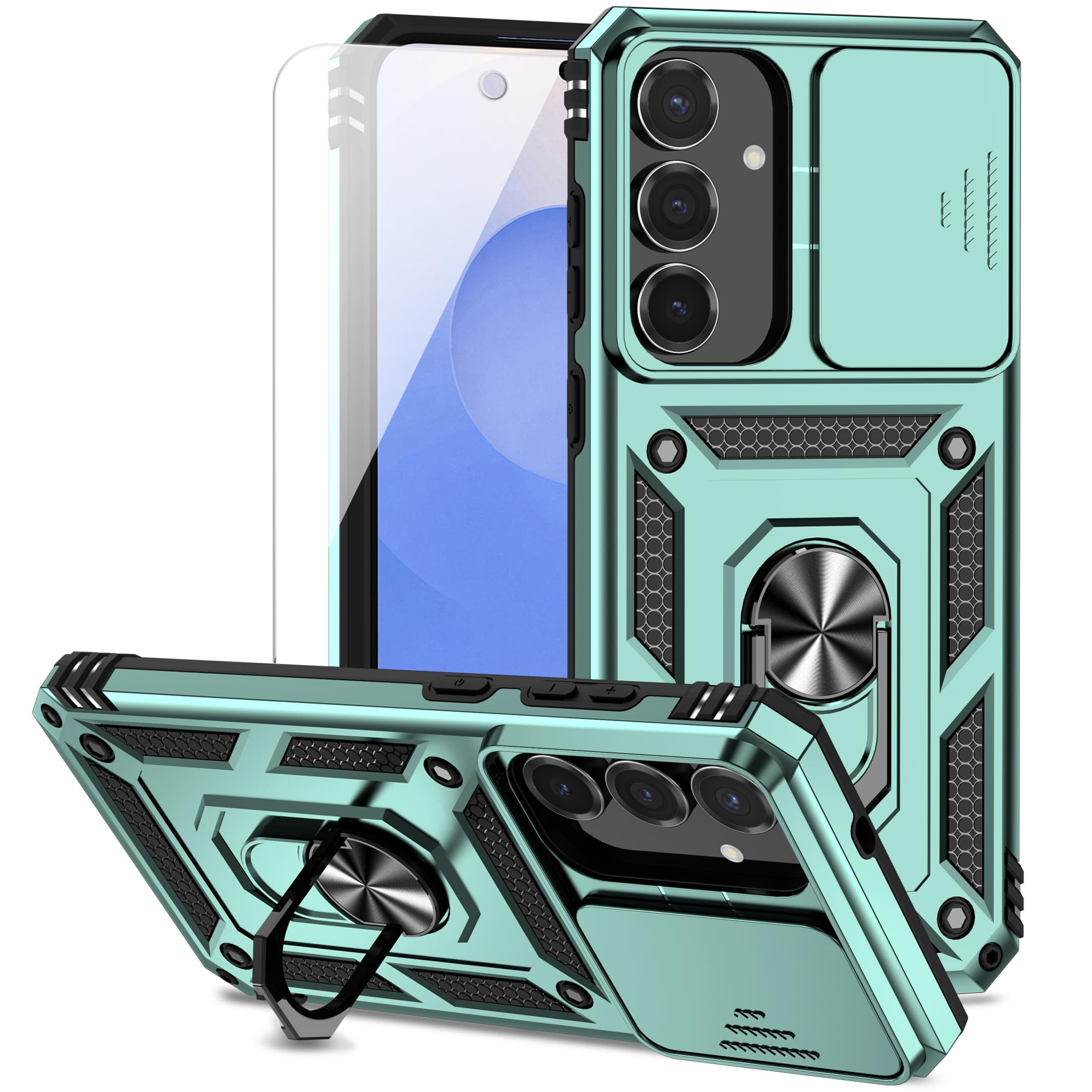 for Samsung Galaxy S25 FE Case： with Slide Camera Cover & Military Grade Protection | 15ft Drop Tested | 360° Rotable Ring Holder | Kickstand | HD Screen Protector | Protective Phone Case (Dark Green)