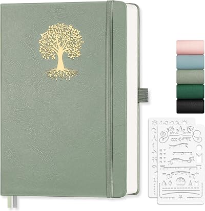 EMSHOI A5 Notebook Blank Journal 192 Pages 100GSM Hardcover Leather Green