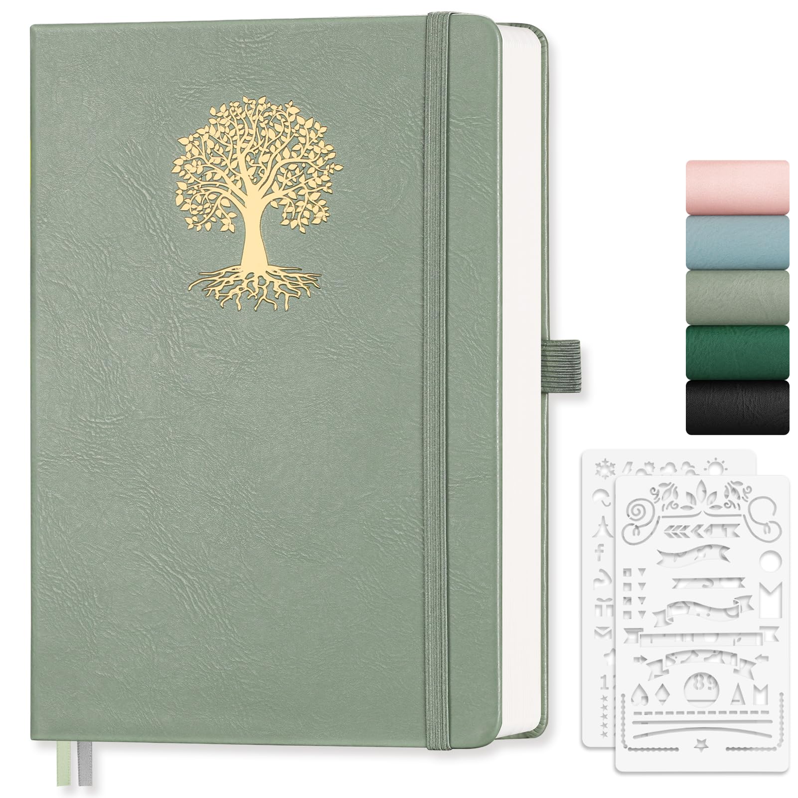 EMSHOI Notebook A5 Lined - 100gsm Hardcover Leather Journal with Sticky Notes, 192 Numbered Pages College Ruled Notebook for Women Men Work School Writing Journaling, 14.5 X 21 cm - Light Green