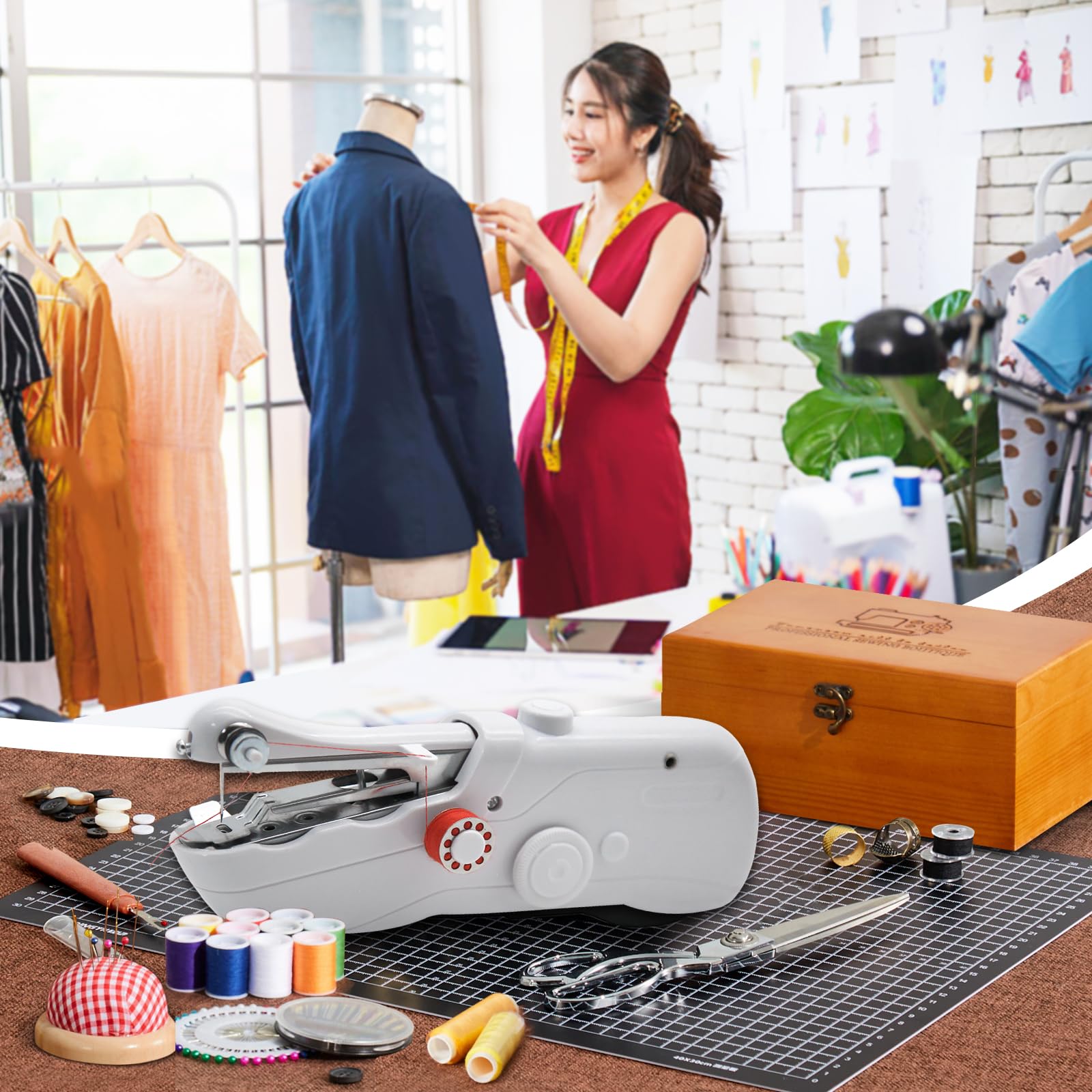Handheld Sewing Machine with Exquisite Wooden Storage Box & 142-Piece Sewing Kit - Electric Switch, Dual Power Supply, Assorted Needles, Threads, Heavy Duty Scissors - Meets All Household Sewing Needs