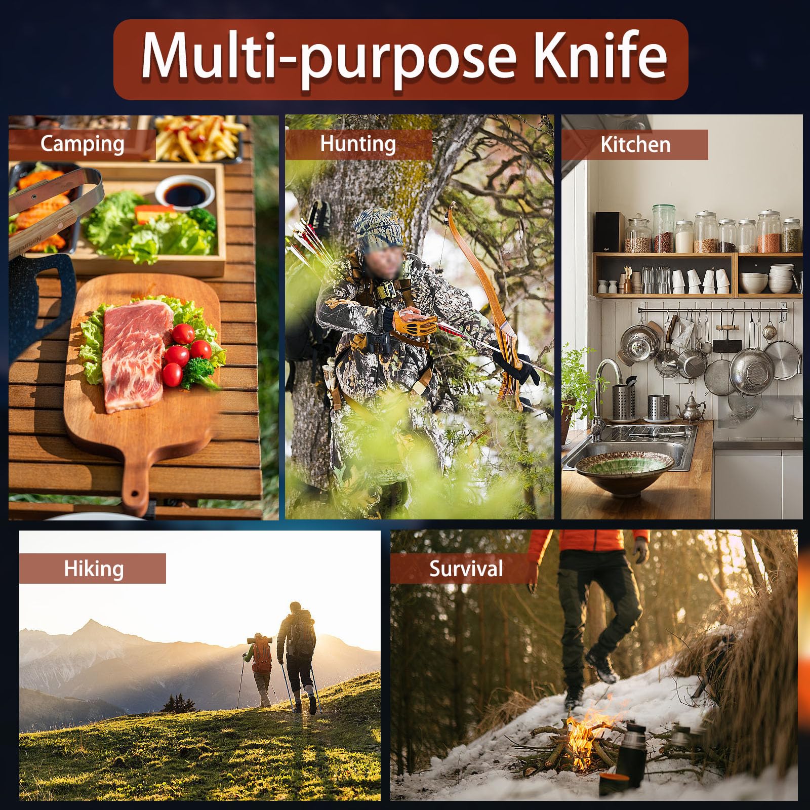 TIANYUE-FONG Fixed Blade Knife with Sheath 8.6 Inch Sharp Blade Full Tang Hunting Knife - Fixed Blade EDC Camping Hiking Hunting Tactical Survival Work Knives for Men - Blet Click