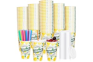 Meanplan 300 Pieces/100 Sets Lemonade Cups with Lids and Straws Disposable Cups for Party Decorative Lemon Paper Cup Lemonade Stand Supplies for Water Juice Kitchen Coffee Birthday Decorations (16 oz)
