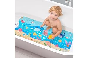 Vannokor Baby Bath Mat for Tub Non Slip Kids, 40 X 16 Inch Extra Long Bathtub Mat with Drain Holes and Suction Cups, Anti Slip Shower Mat Machine Washable, Whale