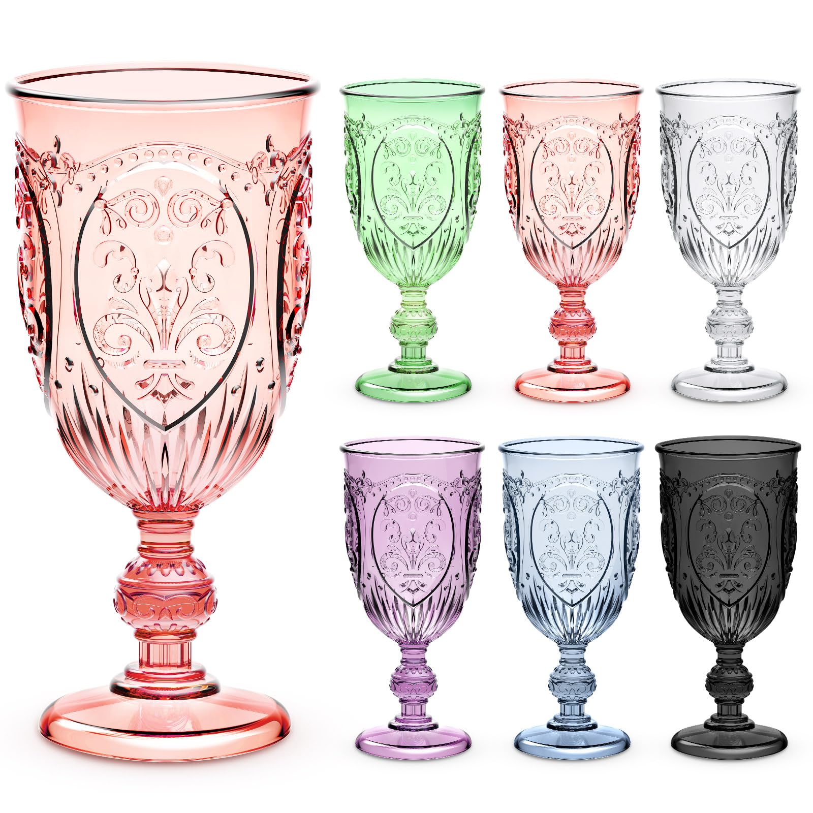Photo 1 of Wiwiqing 6 Pcs Plastic Goblets 7.5oz Vintage Goblet Plastic Wine Glasses Colored Retro Embossed Water Goblets for Wine Bar Juice Baby Shower Wedding Reception Grand Event Party (Multicolor)