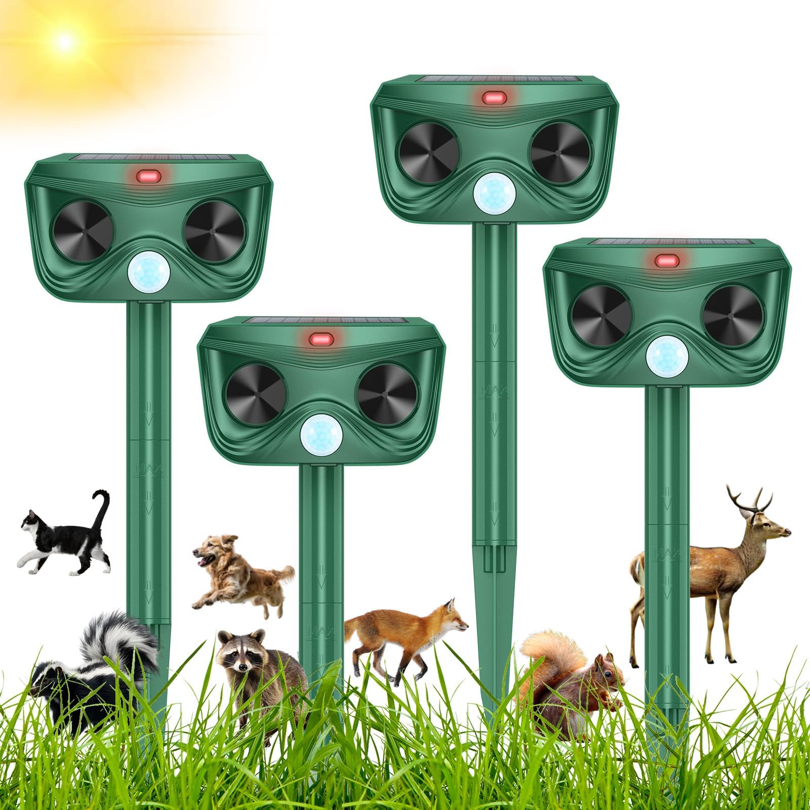 Photo 1 of Gebatule 4 Pack Solar Ultrasonic Animal Repellent Deer Repellent Devices Cat Repeller Outdoor Animal Deer Deterrent Motion Activated Raccoon Repellent Dog Rabbit Squirrel for Garden Yard