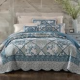 Tache White Blue Floral Bed in a Bag 11 Piece Set - Petal Dance Cotton Patchwork Cottage Vintage Ditsy Scalloped Quilt, Throw Pillow Covers, Euro Sham, Fitted Sheet, Window Valance, California King