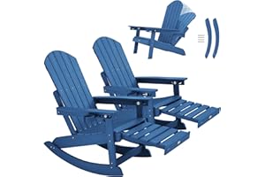 YEFU Adirondack Rocking Chairs Set of 2 : Oversize Adirondack Chair with Retractable Ottoman- 5-Level Adjustable High Back - Outdoor Rocker with Cup Holder for Porch/Garden/Lawn/Patio/Backyard/Navy