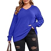 Women Plus Size Sweaters Knit Long Sleeve V Neck Sweaters Tops Casual Soft Loose Fit Pullover Sweater 1XL-5XL