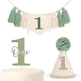 Green 1st Birthday Decoration Set - Wild One Tassel High Chair Banner,Green Forest Theme Cake Topper,Jungle Safari First Birthday Hat,Nature Party Decoration Photo Props