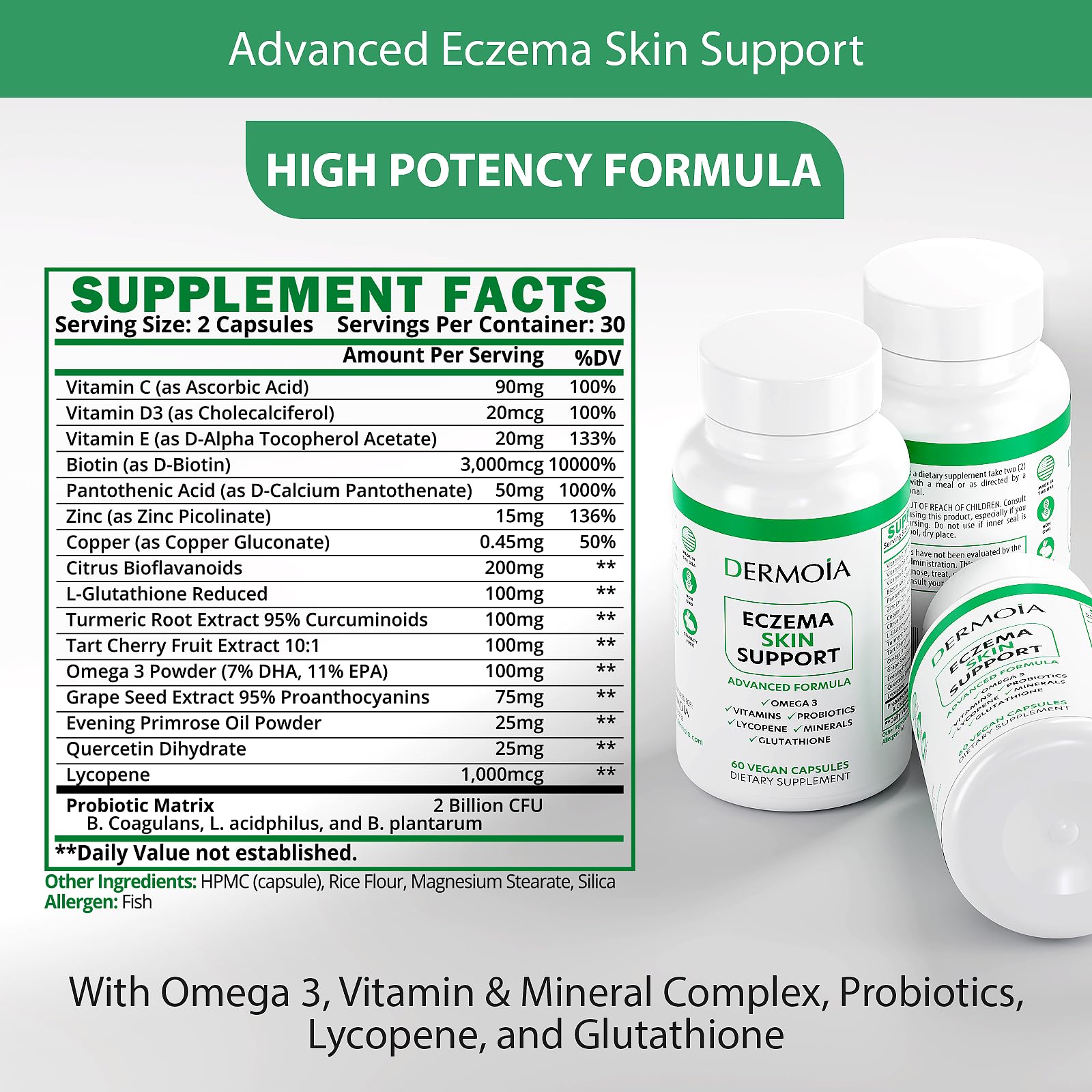 DERMOIA Eczema Supplements - Formulated Dyshidrotic Eczema Pills for Adults - Providing Eczema Relief, Targeting the Intervention of Eczema, Irritated Dry Skin, and Enhanced with Psoriasis Supplements