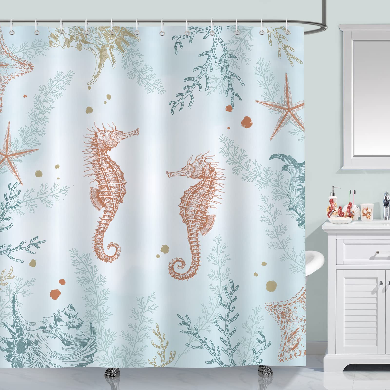 Bonhause Beach Seahorse Shower Curtain 180 x 180 cm Starfish Coral Ocean Coastal Bathroom Curtain Mildew & Mould Resistant Polyester Fabric Bath Curtain with 12 Hooks