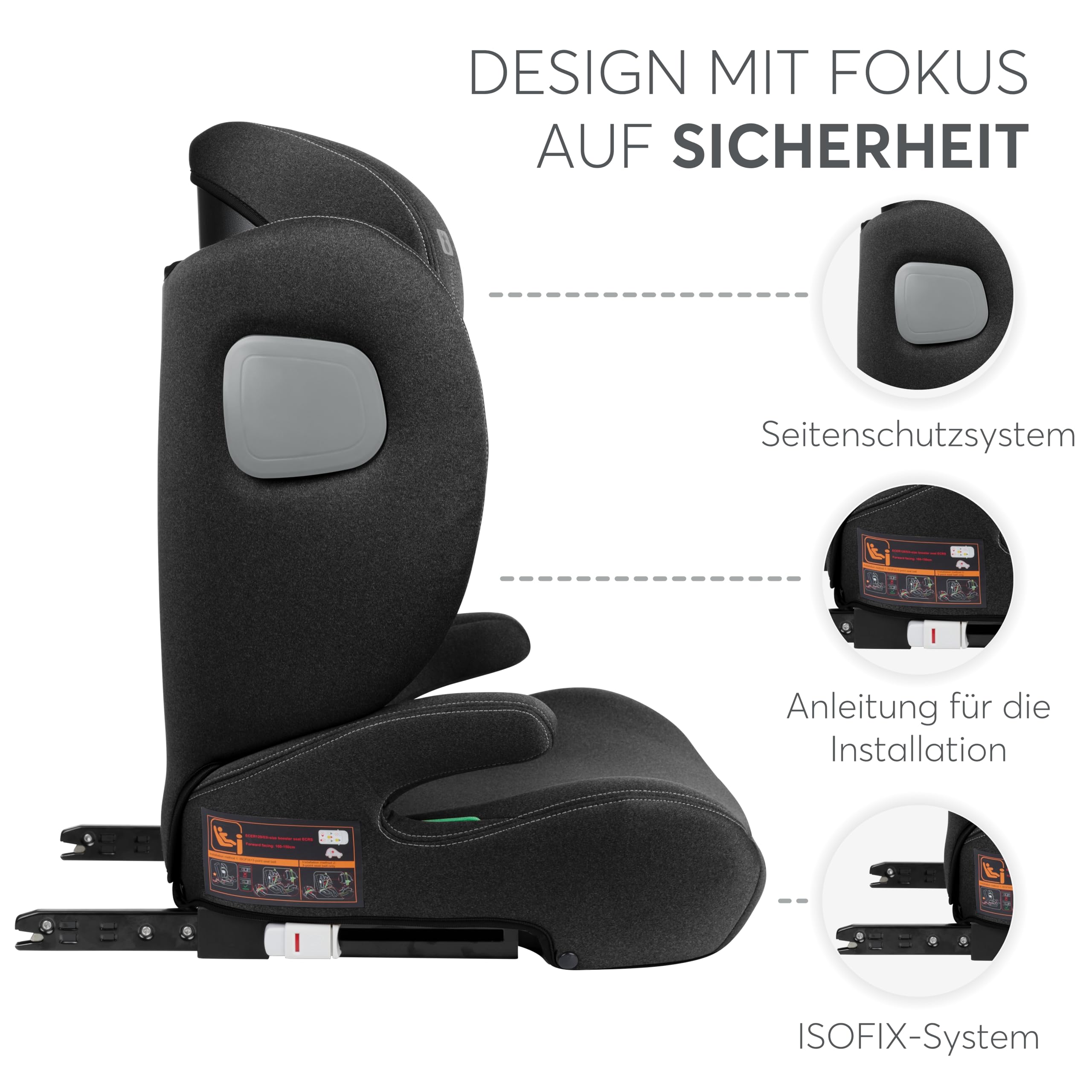 KikkaBoo Kindersitz 15-36 kg mit ISOFIX i-TRACK, Kindersitz ab 3 Jahre, Gruppe 2-3, Autositz bis 12 Jahre, i-Size, SPS, 12-fach verstellbare Kopfstütze, 100-150 cm, Schwarz 4