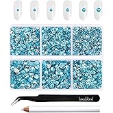 Beadsland 4300pcs Flatback Rhinestones,Blue Rhinestone Nail Gems Round Crystal Rhinestones for Crafts,Mixed 6 Sizes with Picking Tweezers and Wax Pencil Kit, SS6-SS20,Aquamarine