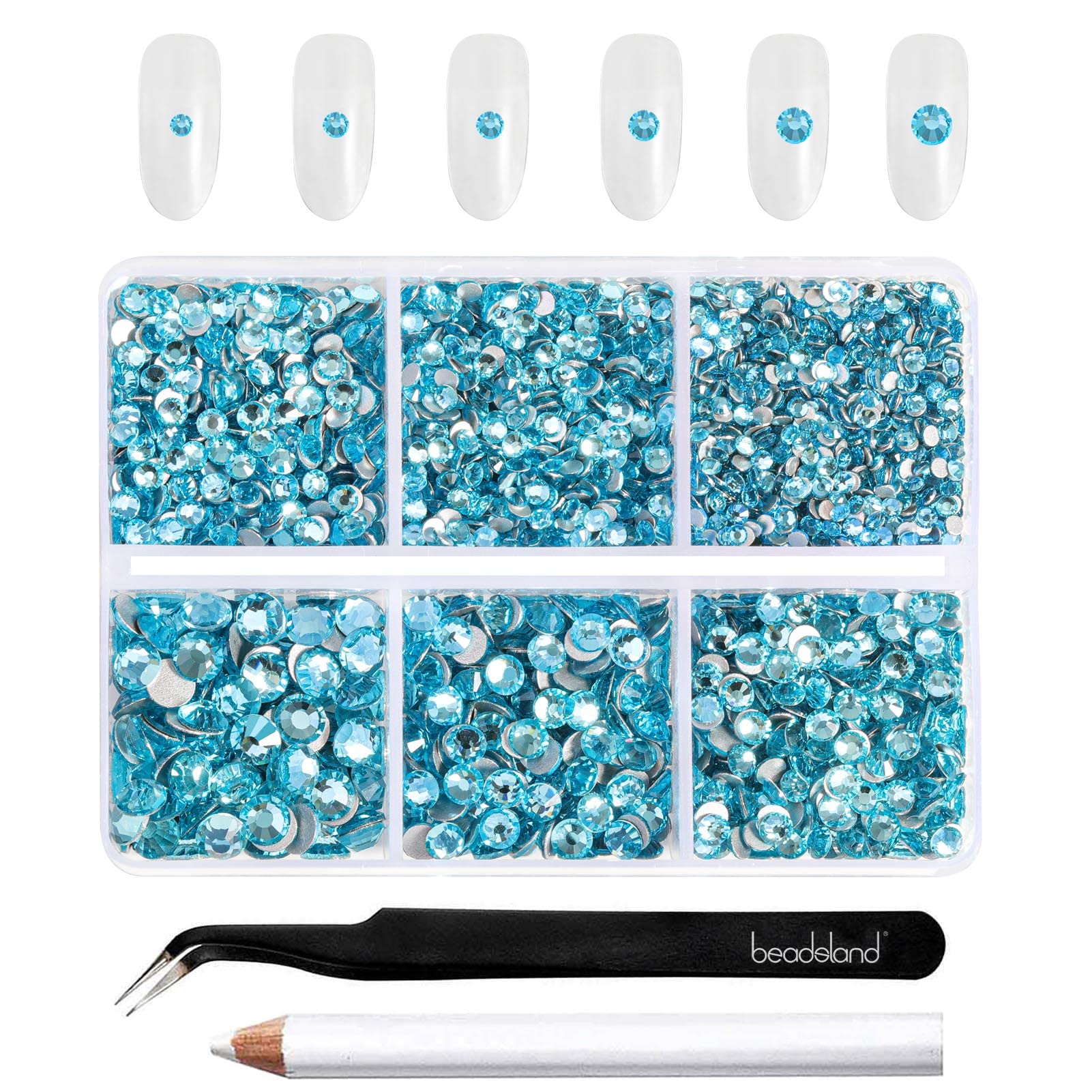 Beadsland 4300pcs Flatback Rhinestones,Blue Rhinestones Nail Gems Round Crystal for Crafts,Mixed 6 Sizes with Picking Tweezers and Wax Pencil Kit, SS6-SS20,Aquamarine — image 1