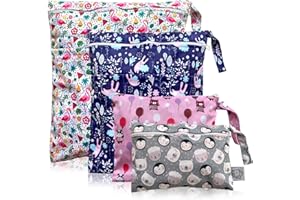 FLOCK THREE 4pcs Waterproof Wet Bag Reusable for Wet Clothes Baby Diapers Stroller Swimsuit Travel Reusable toiletries Pouch Small and Larger Electronics case 4 Pack (Windy Days)