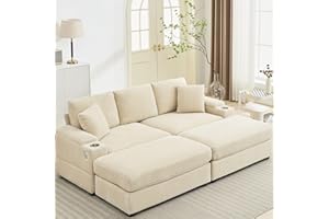 HZANHY Oversized Corduroy Double Chaise Lounge Chair Indoor with Storage and Ottoman, Sleeper Chairs with Cup Holder, USB,Deep Seat Upholstered Sofa Bed, Chair for Living Room, Bedroom, Office Beige
