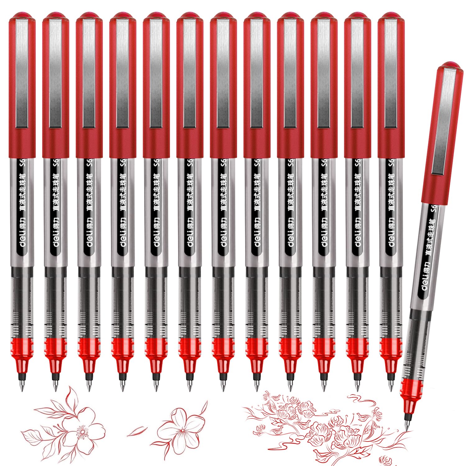 Rollerball Pens, 12 PCS Red Pens, 0.5mm Extra Fine Point Pen, Quick-Drying Ink Rolling Ball Pen, School Pens for Office, Home, Company (Red)