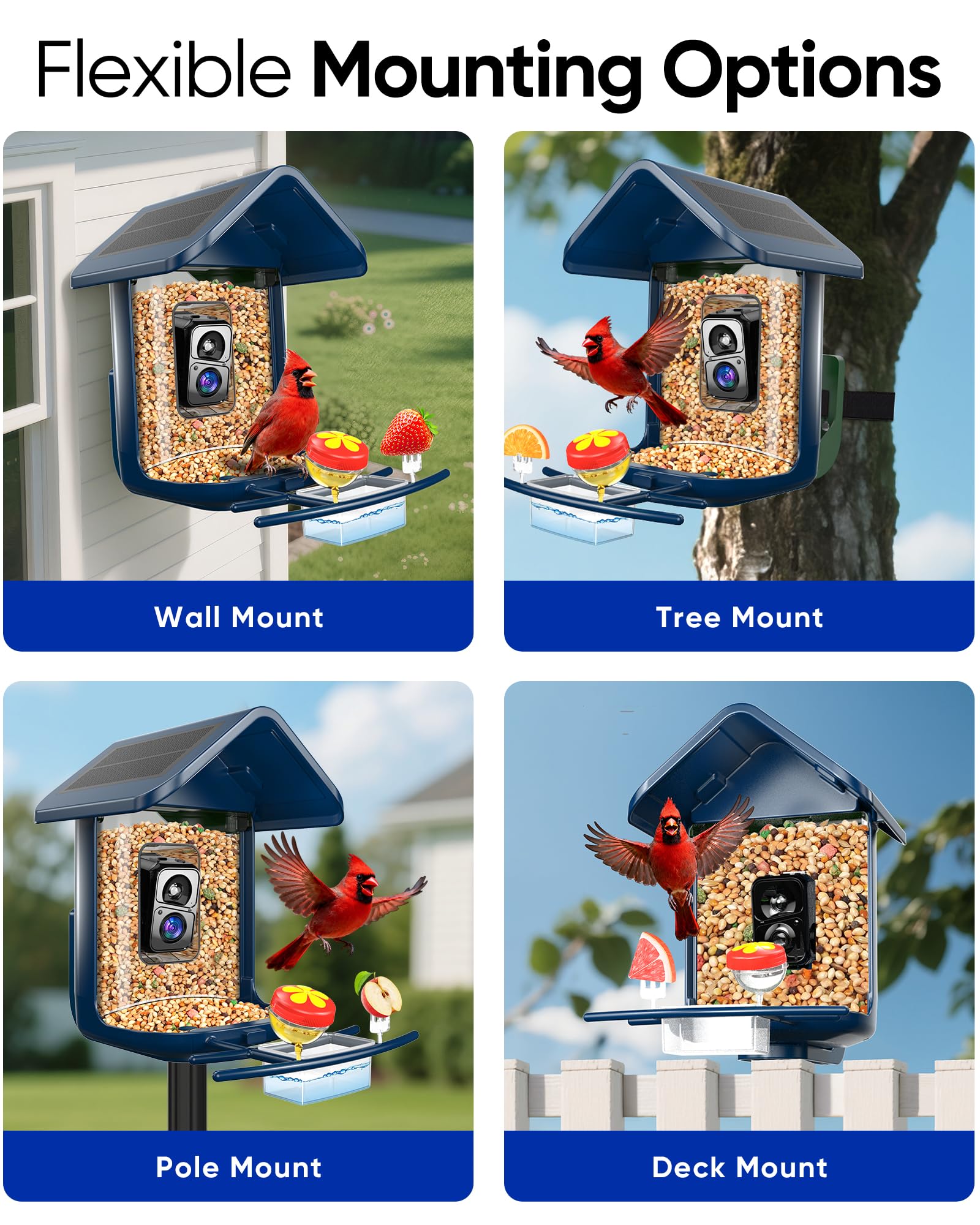 Bird Feeder with Camera Solar Powered - Smart Bird Feeder Camera 2K HD Live Stream, 5MP Photos, AI Identification for Backyard, 2.4Lb Large Capacity, Gifts for Mom Dad, Blue
