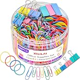 Paper Clips Binder Clips, Colored Office Clips Set - Back to School Supplies- Assorted Sizes Paperclips Paper Clamps Rubber Bands for Office and School Supplies, Document Organizing