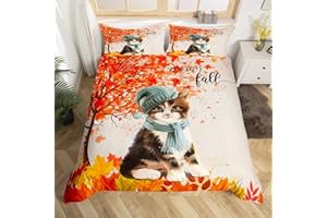 CASTLE FAIRY Happy Fall Bedding Set Queen Size,Cute Watercolor Cat Cartoon Animal Duvet Cover Set for Children Adult,Autumn Maple Leaves Tree Rustic Soft Comforter Cover for Dorm Room, Zipper, Ties