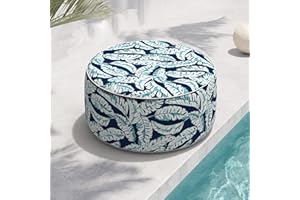 TWLEAR Indoor/Outdoor Inflatable Ottoman, All Weather Ottoman Pouf D31 x H14 inch, Round Foot Rest Ottoman, Portable Footstool for Patio, Garden, Porch, Home, Baltic Palms White