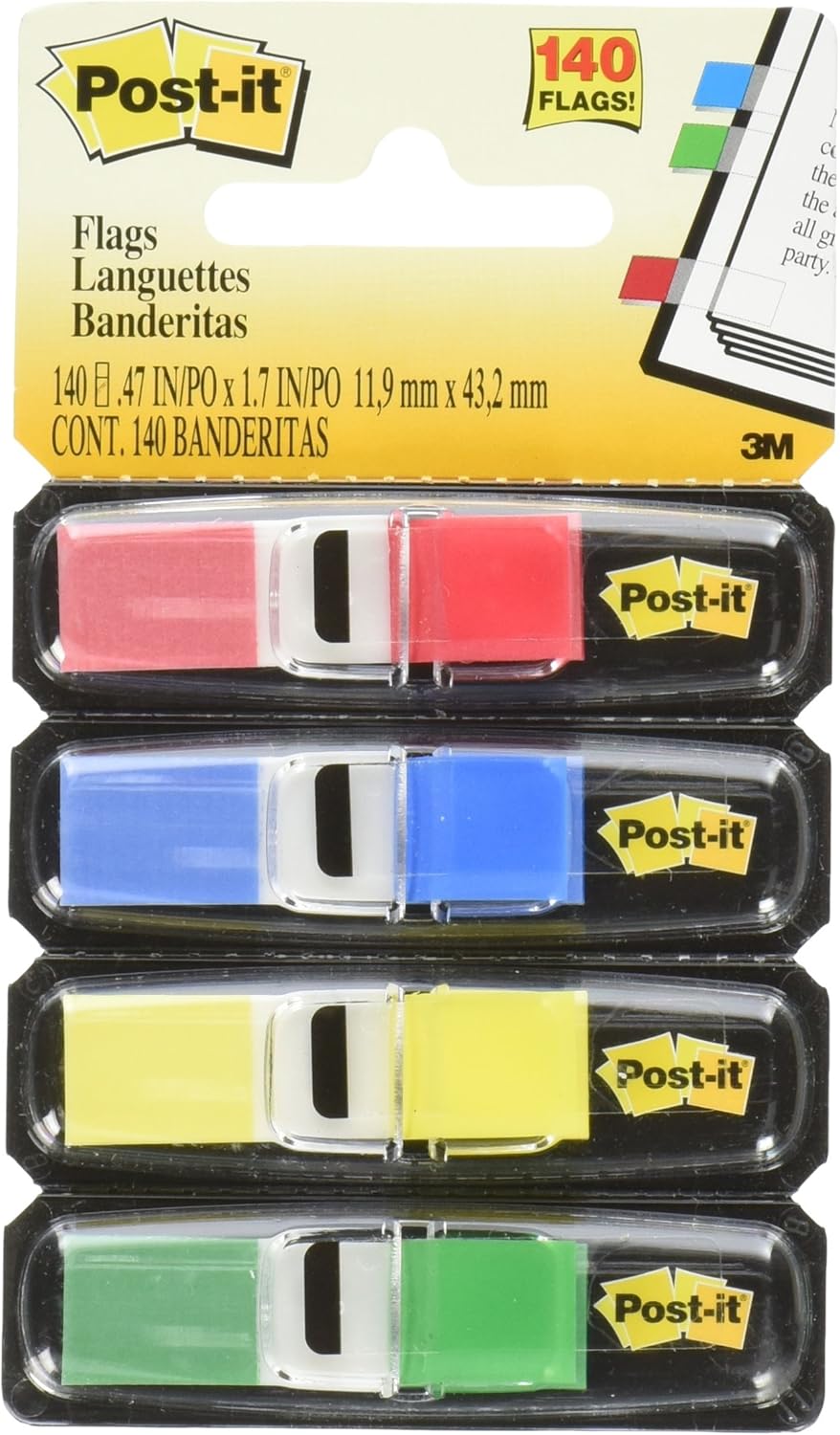 3M PostIt Flags in Dispensers, 1/2 x 13/4, 35/Color, 4