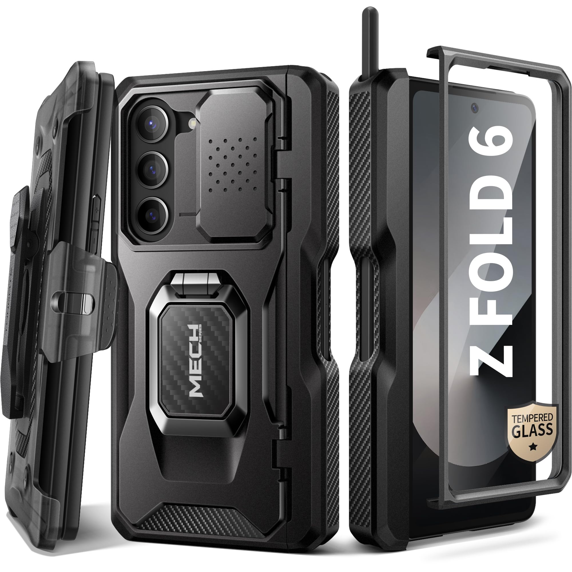 Photo 1 of Tongate for Z Fold 6 Case with Ring Stand, Built-in S Pen Holder & HD Glass Screen Protector Rugged Z6 Phone Case with Slide Camera Cover & Belt Clip for Samsung Galaxy Z Fold 6 2024, Black HD Film