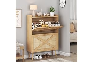 METOTI Rattan Shoe Cabinet with 2 Flip Drawers, Farmhouse Hidden Shoe Storage Cabinet for Entryway, Slim Freestanding Shoe Rack Cabinet for Front Door Entrance, Natural