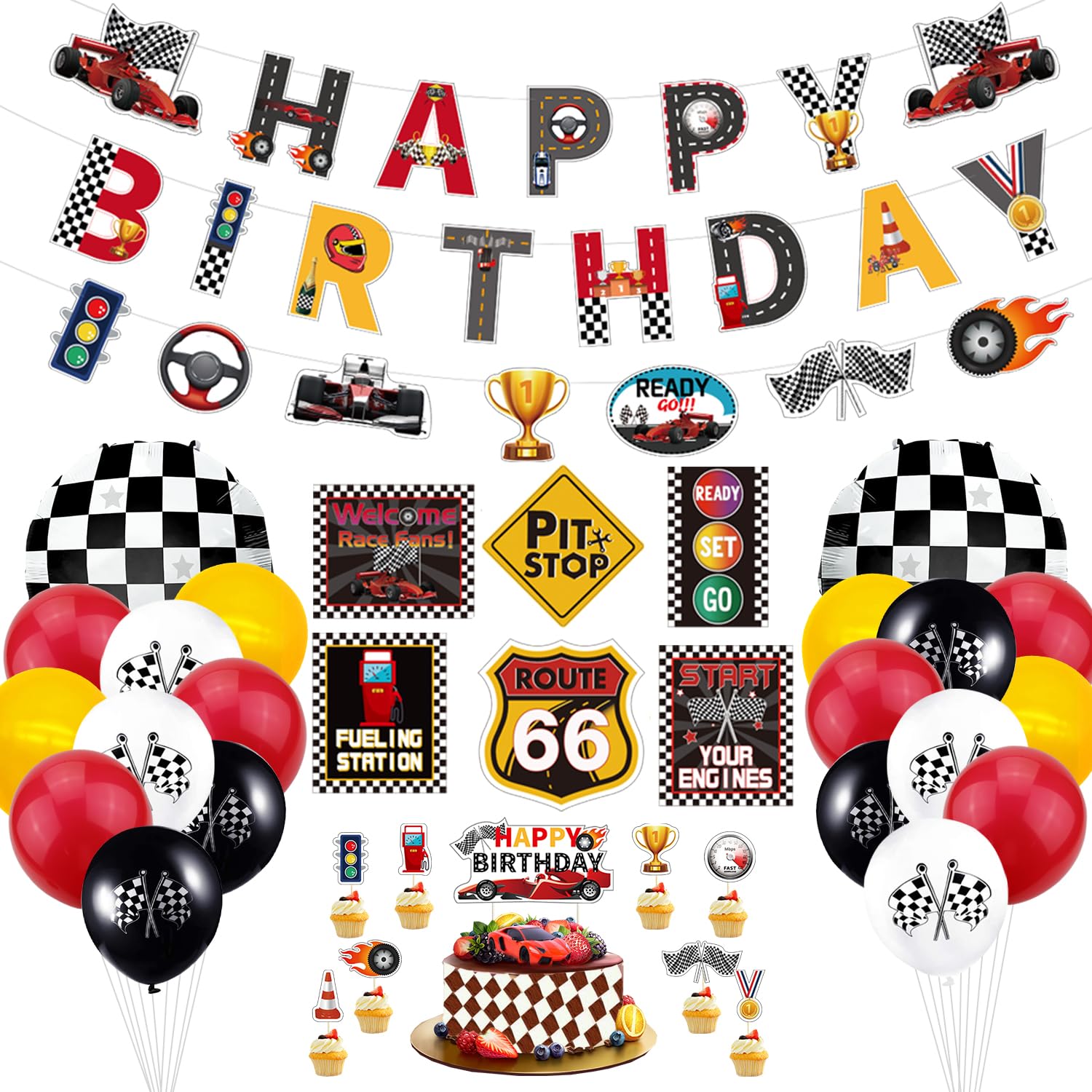 Race Car Birthday Party Decorations - Racing Birthday Banner, Checkered Flag Balloons, Traffic Signs Cutouts and Cake Topper for Kid Boys Let's Go Racing Themed Party Supplies(Set 01)