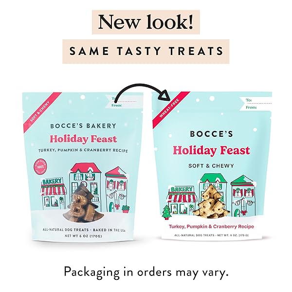 BOCCE’S BAKERY HOLIDAY FEAST RECIPE TREATS FOR DOGS, WHEAT-FREE EVERYDAY DOG TREATS, MADE WITH REAL INGREDIENTS, BAKED IN THE USA, ALL-NATURAL SOFT & CHEWY COOKIES, TURKEY, PUMPKIN & CRANBERRY, 6 OZ