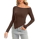 Simlakey Women's Off Shoulder Long Sleeve Shirts Knit Tee Shirts Slim Fit Going Out Tops Y2K Fall Trendy Fashion