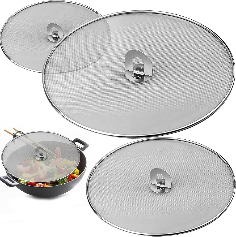 GLORHA 3 Pcs Frying Pan Splatter Screen Stainless Steel Mesh Guard 9.84" 11.42"