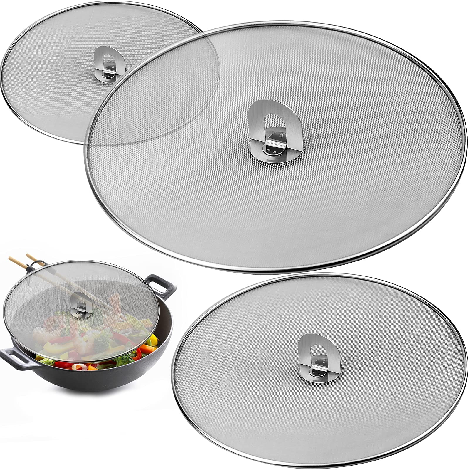 3 Pieces Frying Pan Splatter Guard Splatter Screen for Frying Pan 9.84" 11.42" 12.99" Stainless Steel Splash Guard Mesh Splatter Screen for Home Restaurant
