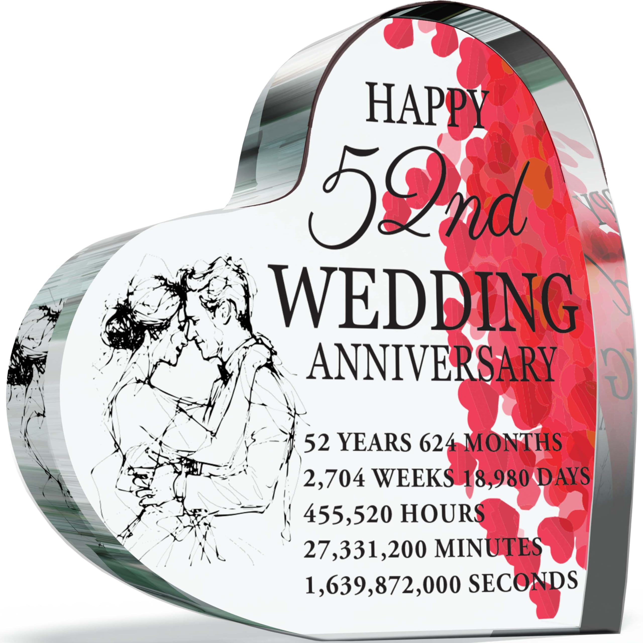 52nd Anniversary Plaque Gifts for Wife Husband - Happy 52nd Wedding Anniversary - I Love You Romantic Acrylic Heart Gift For Women Men, 100mm x 100mm Present For Couples Fifty-Second Anniversaries