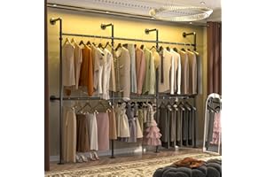 Aheaplus Industrial Pipe Clothing Rack, Reversible 9.85FT Clothes Hanger, Heavy Duty Garment Rack, Wall Mounted Closet Wardrobe, Corner L Shaped Walk-in Closet System, Black