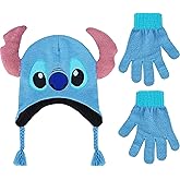 Disney Lilo and Stitch Kids Peruvian Beanie Cap and Glove Set, Winter Hat with Tassels, Blue, One Size
