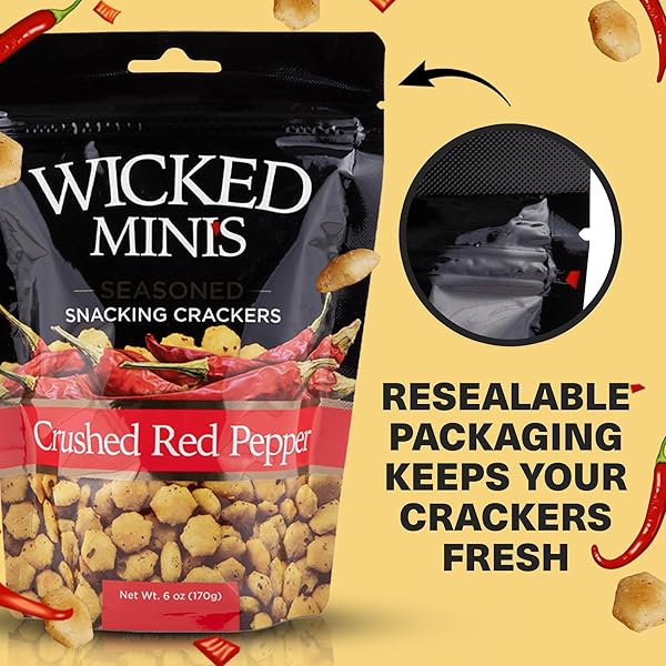 WICKED MINIS SOUP & OYSTER CRACKERS – SALTINE & SALTED FLAVORED MINI PUFFED SOUP, SAVORY SNACKING MIX, SEASONED CROUTONS SALAD TOPPERS, CRACKERS FOR CHILI 6OZ (CRUSHED RED PEPPER)