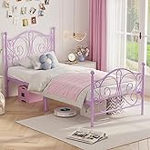 Merronix Twin Bed Frames with Butterfly Pattern Headboard and Footboard,Twin Size Bed Easy Assembly No Box Spring Needed Heavy Duty Metal Platform, Purple