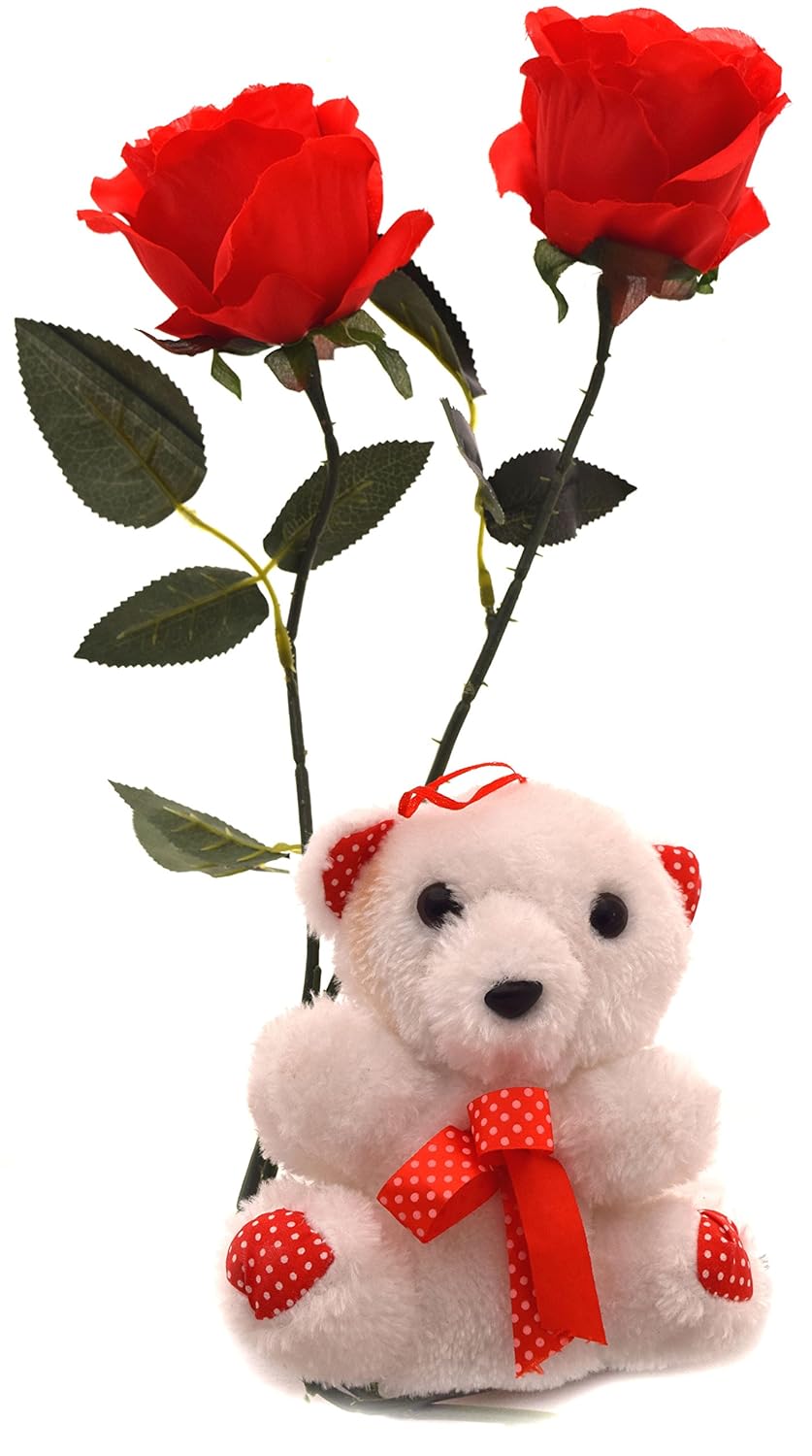 Fourwalls Valentine Special Synthetic Teddy Bear with 2 Roses (Red, Set